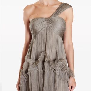 Chic Strapless Ruffle Dress in Taupe